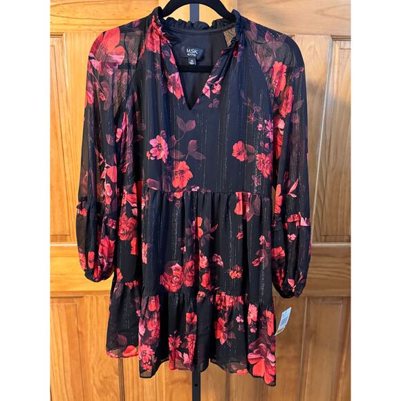 MSK Petite Black Red Floral Tiered Dress Long Sleeve Size PS Mini - Picture 6 of 7